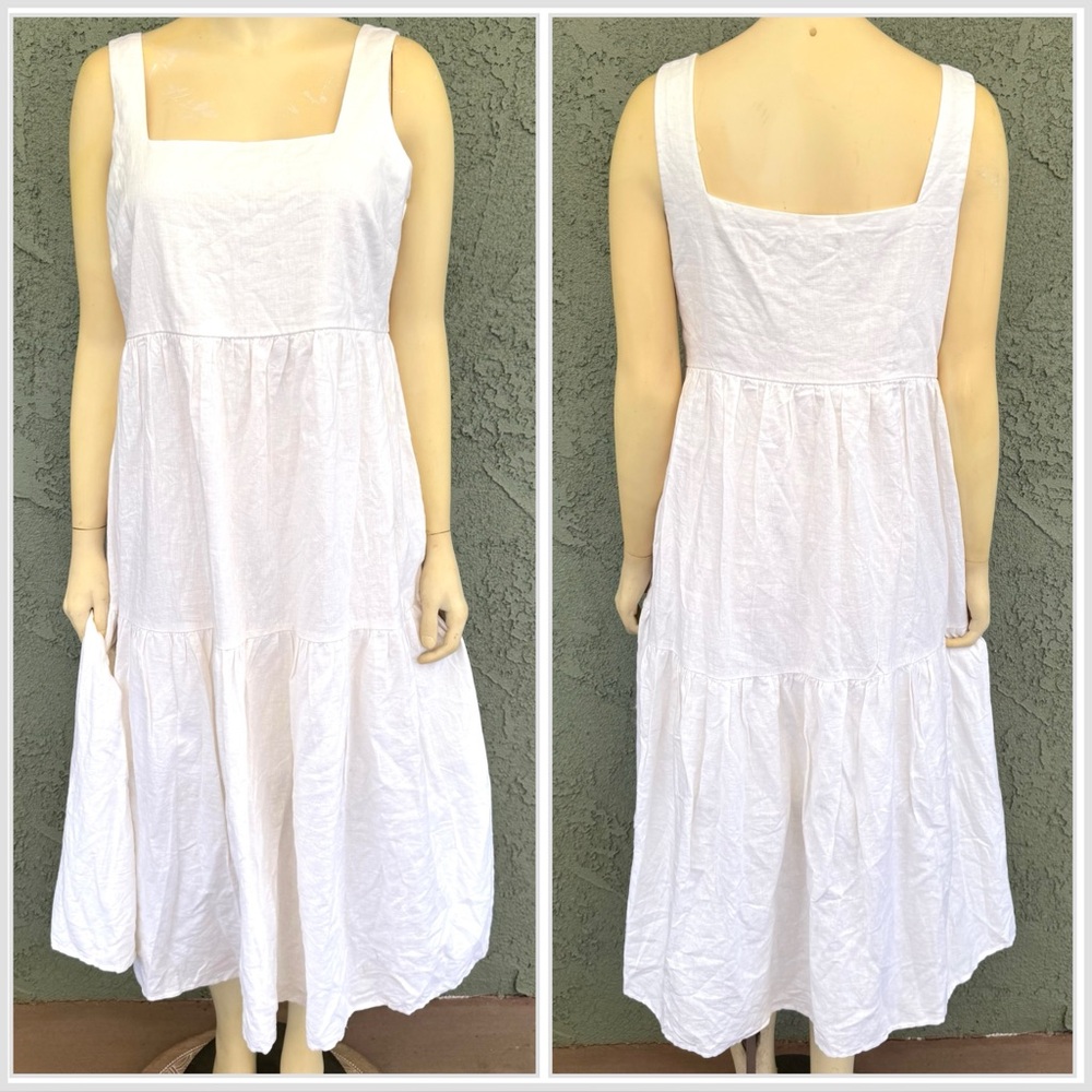 Matty M Linen blend Midi Dress Off White Beachy Cottage Core sleeveless Boho